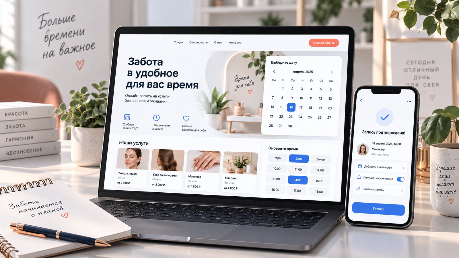 Сайт с онлайн-записью на ноутбуке и телефоне — выбор даты и времени, подтверждение записи