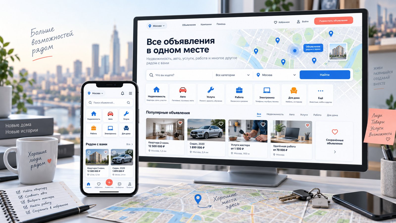 Портал объявлений на мониторе и телефоне — карта с объявлениями, категории, карточки объявлений