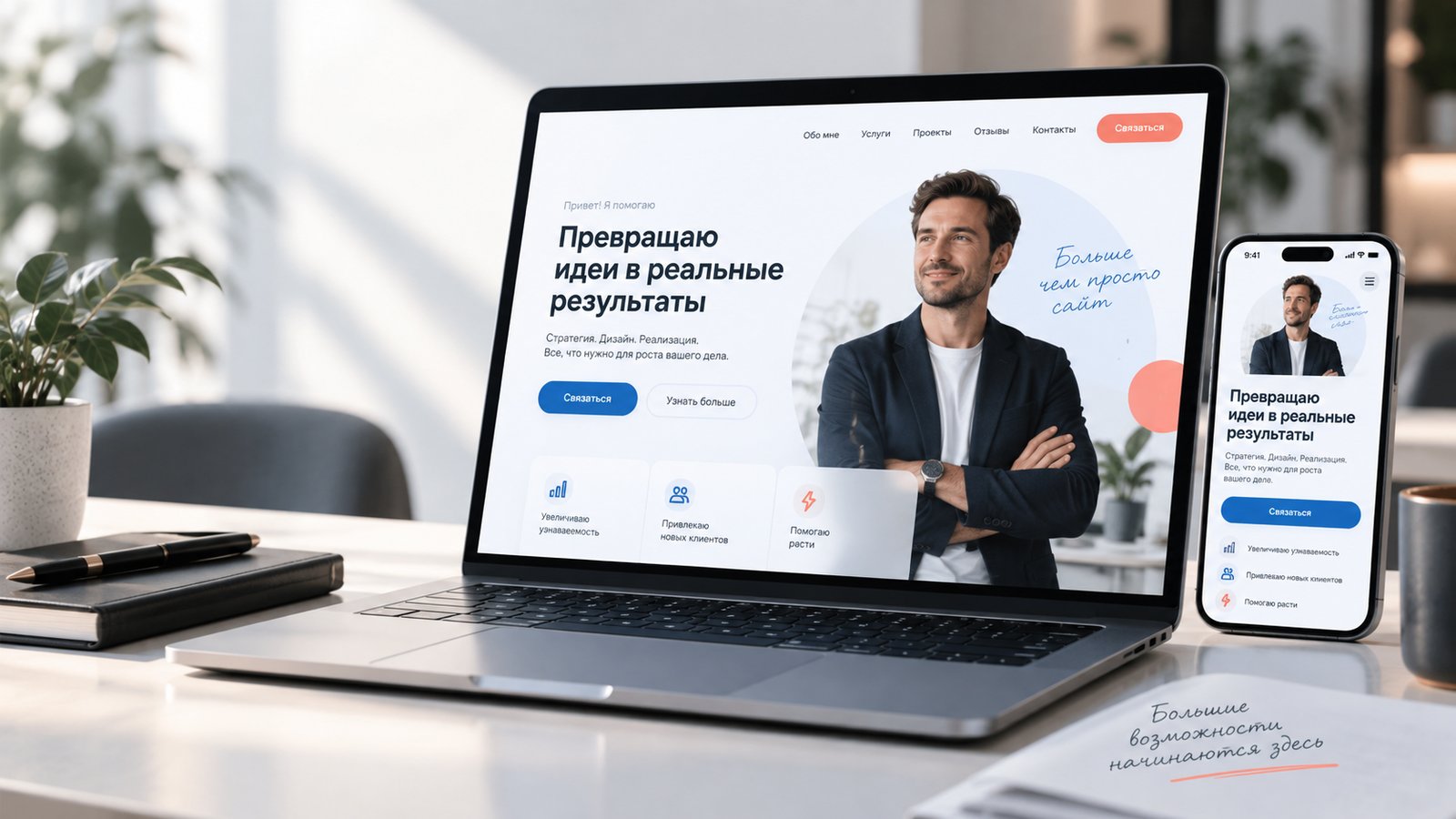 Сайт-визитка на ноутбуке и телефоне — заголовок-оффер, фото специалиста, блоки с преимуществами